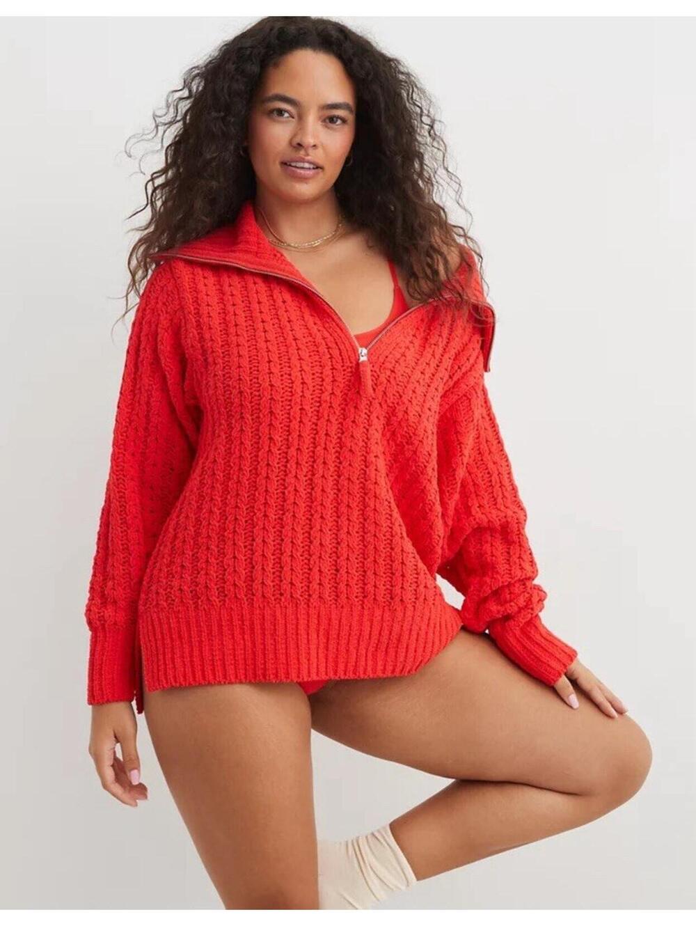 Aerie Cable Car Quarter Zip Sweater Chunk Knit Zippered‎ Collar Red SZ Medium